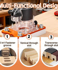 Router Base 2 In 1 Woodworking Trimmer Slotting Auxiliary Positioning Bracket Aluminum Alloy Construction Precision Fit For 65mm Inside Diameter Trimming Machines Durable DIY Shop Essential Built To Last highlighting multi-functional design with diagrams of fastener groove and slots in a workshop setting.
