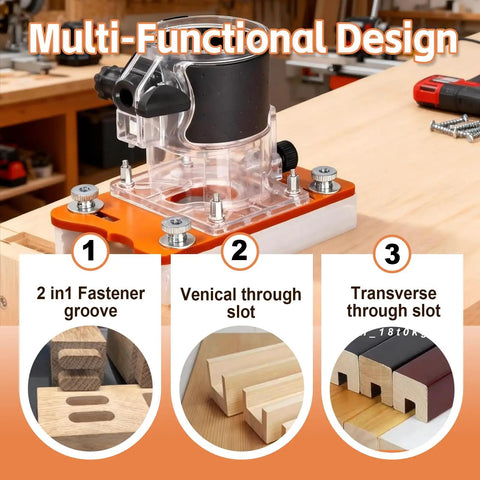 Router Base 2 In 1 Woodworking Trimmer Slotting Auxiliary Positioning Bracket Aluminum Alloy Construction Precision Fit For 65mm Inside Diameter Trimming Machines Durable DIY Shop Essential Built To Last highlighting multi-functional design with diagrams of fastener groove and slots in a workshop setting.