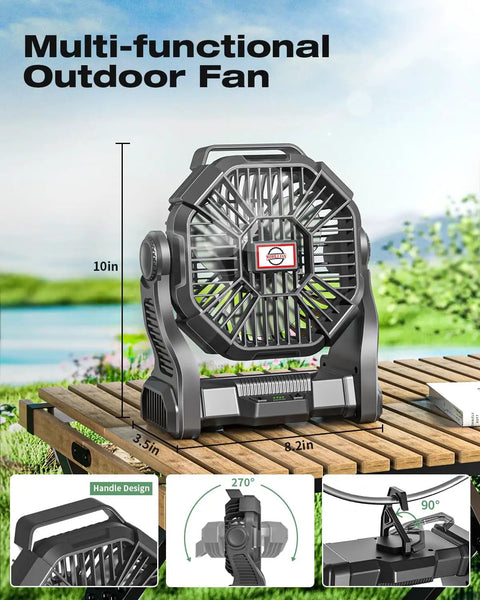 Portable Camping Fan With Led Lights And 20000mAh Battery on wooden table outdoors, showing 270 degree rotation feature.