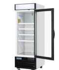 Rock Solid 27 Inch Reach In Freezer With One Swing Glass Door Merchandiser with an empty interior and adjustable shelves.