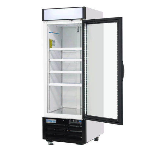Rock Solid 27 Inch Reach In Freezer With One Swing Glass Door Merchandiser with an empty interior and adjustable shelves.