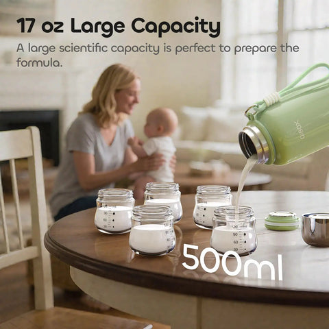 Hit The Road Ready Bottle Warmer For Quick Breast Milk And Formula Heat On The Fly, 17 oz green portable bottle pouring milk.