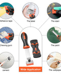 Diagram showcasing 2-In-1 Razor Scraper Set with 30 blades for removing stickers, labels, stains, and grease from various surfaces.
