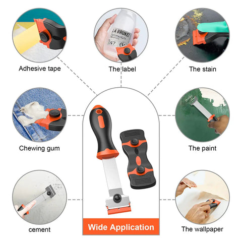 Diagram showcasing 2-In-1 Razor Scraper Set with 30 blades for removing stickers, labels, stains, and grease from various surfaces.