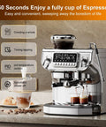 Top Shelf Semi Automatic Espresso Machine With Built In Grinder And Milk Frother, Dead Simple Setup On A Giant Touchscreen, 15 Bar Pressure, Pid Temperature Control, Chill Home Barista Vibes with touch control panel.