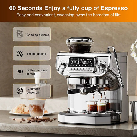 Top Shelf Semi Automatic Espresso Machine With Built In Grinder And Milk Frother, Dead Simple Setup On A Giant Touchscreen, 15 Bar Pressure, Pid Temperature Control, Chill Home Barista Vibes with touch control panel.