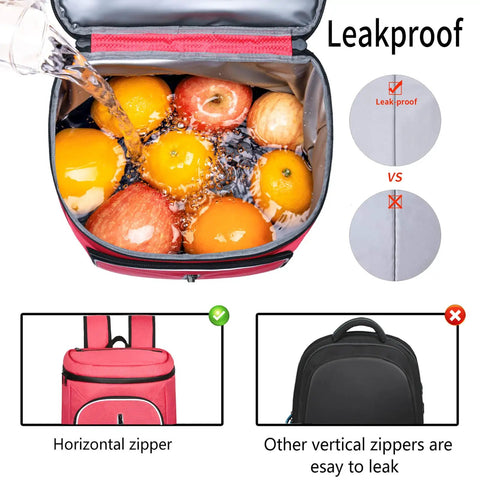 Watermelon Red Soft Cooler Backpack Insulated Leak Proof Cooler Bag Keeps Drinks Cold For Hours with fruits inside, highlighting leakproof design.
