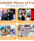 Image showing use cases for 24 Pack Self Adhesive Bandage Wrap 2 Inch Wide 5 Yard Long Cohesive Tape in tattoo, athletics, pet hospitals, family medicine.