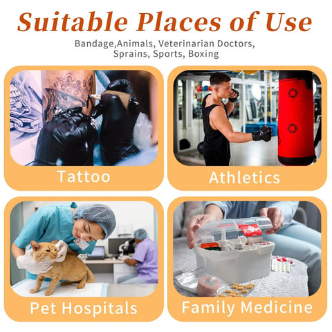 Image showing use cases for 24 Pack Self Adhesive Bandage Wrap 2 Inch Wide 5 Yard Long Cohesive Tape in tattoo, athletics, pet hospitals, family medicine.