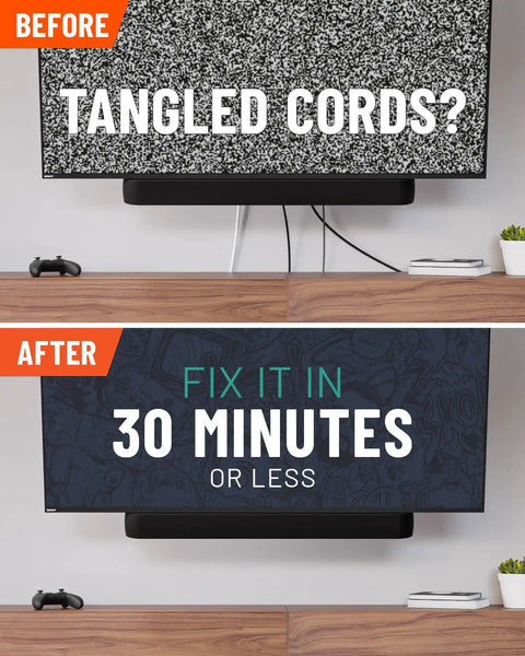 Before and after using In Wall Cable Management Kit For Power And Low Voltage Cables Hide TV Wires Behind The Wall Includes 3.75 Inch Diameter And 3.25 Inch Depth Modules 6 Foot Extension Cord And Drywall Hole Saw Attachment ETL In Wall Certified Easy DIY Install; tangled cords fixed in 30 minutes
