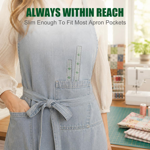 Slim 12 Inch Pocket Quilting Ruler In Clear Acrylic with green grid in a denim apron pocket in a sewing room.