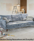 Clear Heavy Duty Plastic Couch Cover For Pets, Waterproof Scratch Proof Protector on blue sofa during renovation.