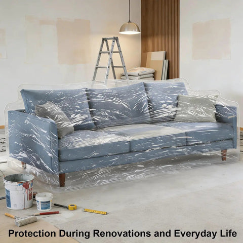 Clear Heavy Duty Plastic Couch Cover For Pets, Waterproof Scratch Proof Protector on blue sofa during renovation.