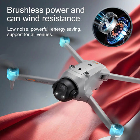 GPS Drone With 4K Camera And EIS Stabilization, sleek design, flying above a red cloth, showing brushless motors, under 249g