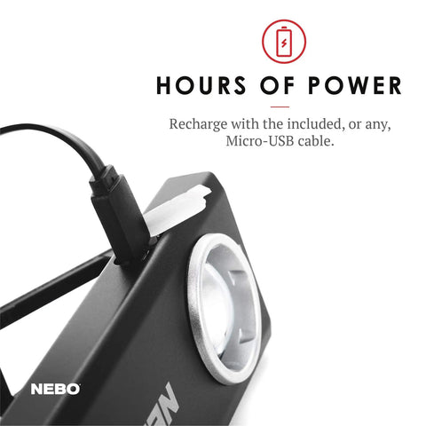 500-Lumen LED COB Work Flashlight With Rechargeable Battery showing charging port and cable connected