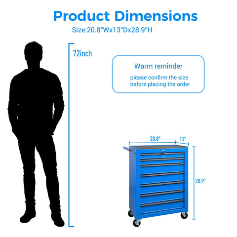 Rock Solid Rolling Tool Chest With Seven Smooth Ball Bearing Drawers And Heavy Duty Swivel Casters Built To Handle The Everyday Grind For Zero Sweat Garage Organization In Deep Blue dimensions illustration with size measurements.