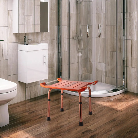 No Slip Teak Shower Bench With Adjustable Height For Indoor Shower Bath And Sauna, Elderly And Disabled Friendly With Aluminum Handrail
