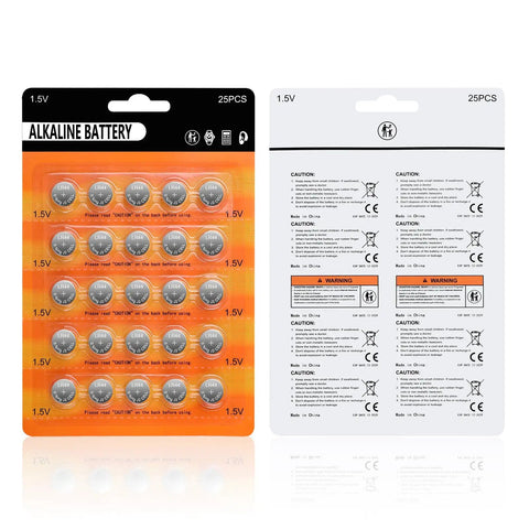 Premium AG13 LR44 Batteries 25 Pack 1.5V Alkaline Button Cells in blister packaging for watches and gadgets.
