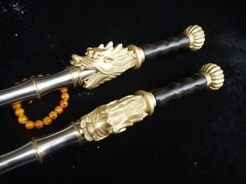 Handmade Chinese Kung Fu Sword Pair With Stainless Steel Blade And Brass Fittings 33 Inch Overall No Scabbard Detail View