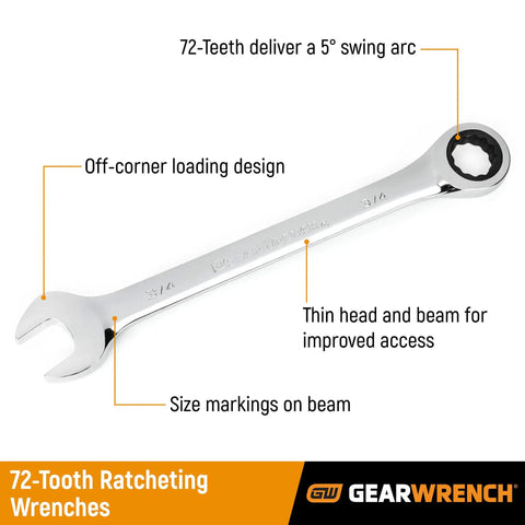 Ratcheting Combination Wrench Five Sixteenths Inch, 12 Point, Surface Drive Design, Durable Tool Steel, High Polish Chrome Finish, Five Degree Turn To Move Fasteners Quickly, Reduces Rounding, About Five And A Half Inch Length