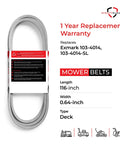 Beefy Mule Drive Belt Replacement For Lazer Z Series Zero Turn Mowers 116 Inch Long 0.64 Inch Wide Aramid Cord Replaces OEM 1034014
