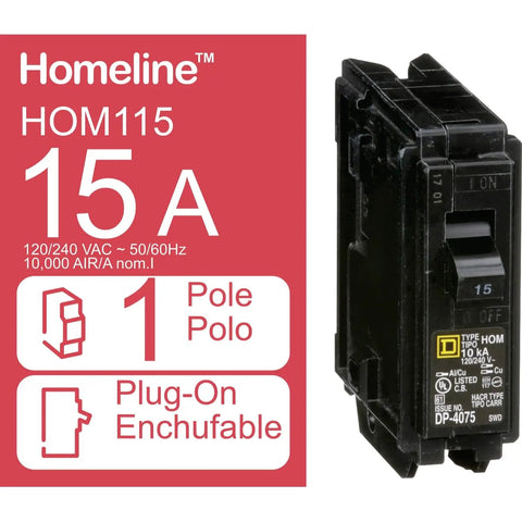 Homeline 15 Amp 120 Volt Plug In Circuit Breaker 1 Pole UL Listed 10kA Interrupting Capacity Standard Type 10 Pack