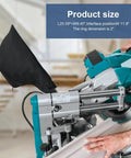 Universal Miter Saw Dust Bag Set 2 Pack With Zipper And Wired Adjustable Stand attached to miter saw with wood being cut