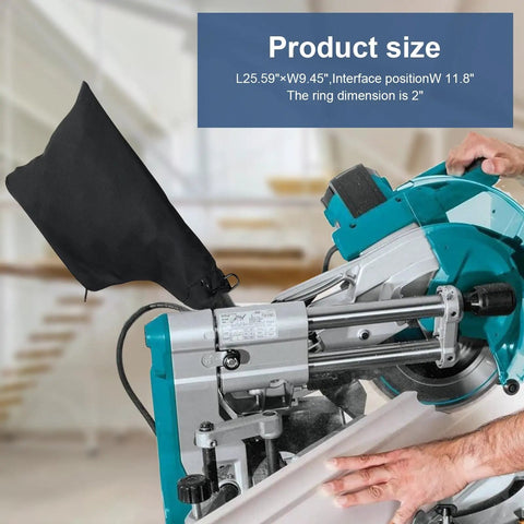 Universal Miter Saw Dust Bag Set 2 Pack With Zipper And Wired Adjustable Stand attached to miter saw with wood being cut
