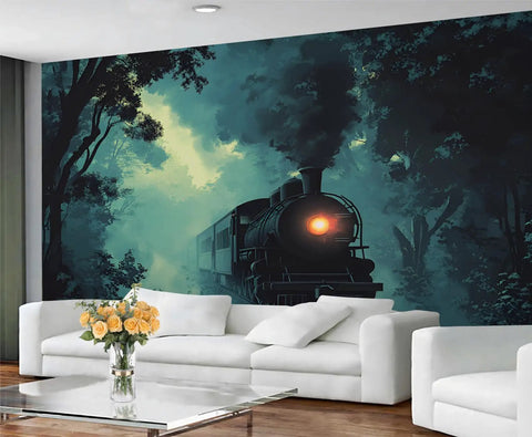 Vintage Steam Train Wall Mural With 3D Railway Scene For Living Room And Bedroom, Old-School Locomotive Wallpaper, Large Indoor Decor
