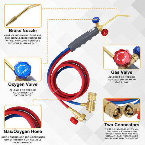 Heavy Duty Welding Torch With Adjustable Flame And Built In Igniter for MAPP Oxygen Or Propane, brass nozzle and connectors