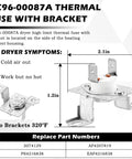 DC96-00087A thermal fuse bracket dimensions and features for dryer heating element replacement.