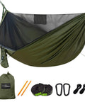 Camping Hammock With Mosquito Net And Ridge Rope For Two, Extra Large 114x55 Inch with accessories displayed
