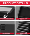 Product details showing Heavy Duty Pro Grade 8 Drawer Rolling Tool Box Set with magnetic tab locking, EVA foam tray, PP feet pads, slide drawer