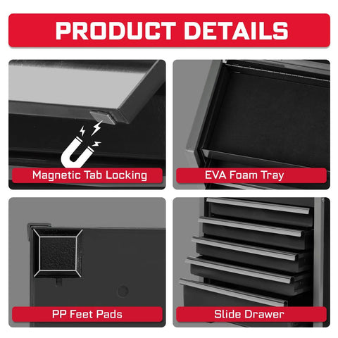 Product details showing Heavy Duty Pro Grade 8 Drawer Rolling Tool Box Set with magnetic tab locking, EVA foam tray, PP feet pads, slide drawer