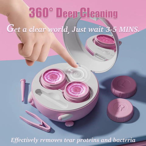Contact Lens Cleaning Machine With Solution Soak Case And Applicator Tool Travel Size Pink for daily vision care use