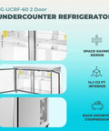 Hella Solid Heavy Duty Sixty Inch Two Door Undercounter Refrigerator In Silver For Commercial Kitchens Featuring Straight Shooter Cooling With Smooth Liftgate Freight Delivery, showcasing split door design and 14.1 cu ft capacity.