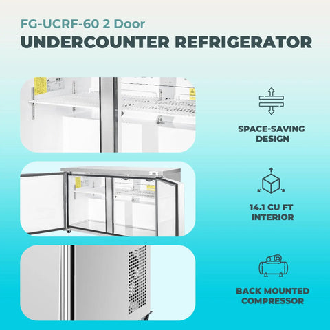 Hella Solid Heavy Duty Sixty Inch Two Door Undercounter Refrigerator In Silver For Commercial Kitchens Featuring Straight Shooter Cooling With Smooth Liftgate Freight Delivery, showcasing split door design and 14.1 cu ft capacity.