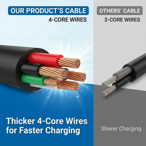 Comparison of 4-core wire cable in 15W Flexible Waterproof Solar Panel USB C Charger with 2-core wire cable for charging efficiency