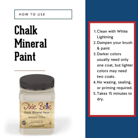 Instructions for using Sawmill Gravy Chalk Mineral Furniture Paint 32oz Matte Beige Finish For Diy Projects And Upcycling shown with jar.