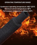 20 Ft 1/2 Inch 2 To 1 Heat Shrink Braided Sleeving For Wiring Harness Protection, Abrasion Resistant Cable Sheath Tubing, Flexible And Durable, Beefy Protection For Automotive And DIY Electrical Projects. black braided sleeving with heat range text
