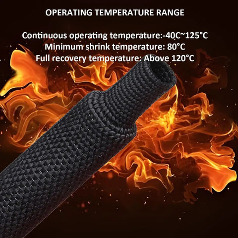 Black Rock Solid Heat Shrink Braided Sleeving 10 Ft 1.4 Inch with fire background, showcases temperature range.