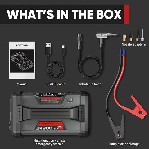 Beast 1500A Jump Starter With Air Compressor, USB-C cable, inflatable hose, clamps, adapters, manual
