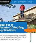 Pro Grade Plastic Cap Roofing Nails With Hella Secure Ring Shank And Tough Electro Galvanized Steel For Roof Underlayment Felt Paper And House Wrap Giving Crisp Non Visible Coverage And Rock Solid Hold In A Massive Three Hundred Pack used by a person on a sloped roof.