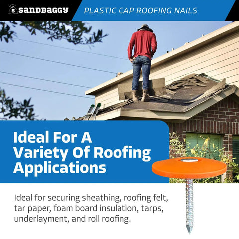 Pro Grade Plastic Cap Roofing Nails With Hella Secure Ring Shank And Tough Electro Galvanized Steel For Roof Underlayment Felt Paper And House Wrap Giving Crisp Non Visible Coverage And Rock Solid Hold In A Massive Three Hundred Pack used by a person on a sloped roof.