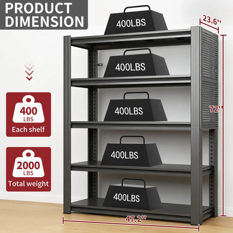 Badass Heavy Duty Storage Shelving With Pegboard 5 Tier Metal Rack Unit Max 2000 Lb Capacity Built Like A Tank For Garage Workshop And Home Storage Black Steel dimensions showing 5 tiers supports 400lbs per shelf.