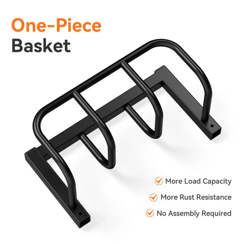 Freestanding Heavy Duty Garden Hose Holder Stand with rustproof steel build in a one-piece basket design on white background