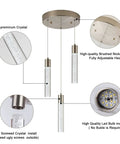 Three Light Pendant Fixture In Sleek Silver Finish, detailed components view, brushed nickel plate and high-quality LED bulb