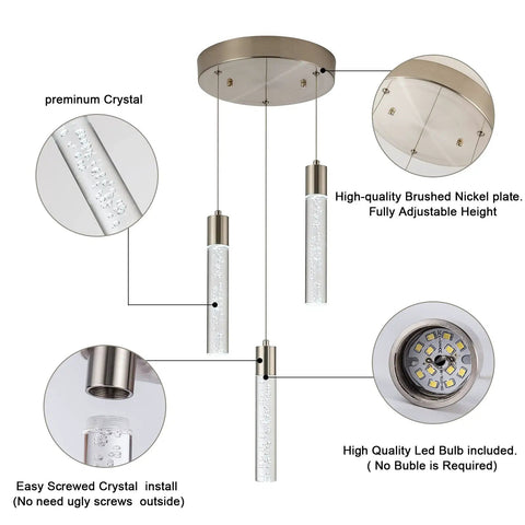 Three Light Pendant Fixture In Sleek Silver Finish, detailed components view, brushed nickel plate and high-quality LED bulb