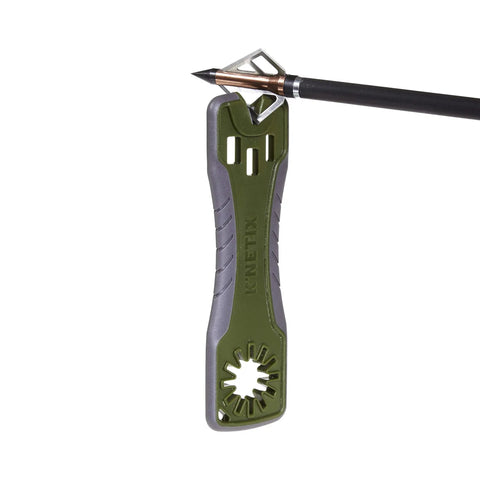 3 In 1 Broadhead Wrench And Sharpener For Archery in gray and olive gripping an arrowhead, showing multipurpose use.