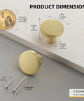 10 Pack Gold Cabinet Knobs For Dresser Drawers And Kitchen Cabinets Brushed Brass Modern Round Zinc Alloy Hardware Handles With Two Standard Screws For Easy Install, showing dimensions and included screws